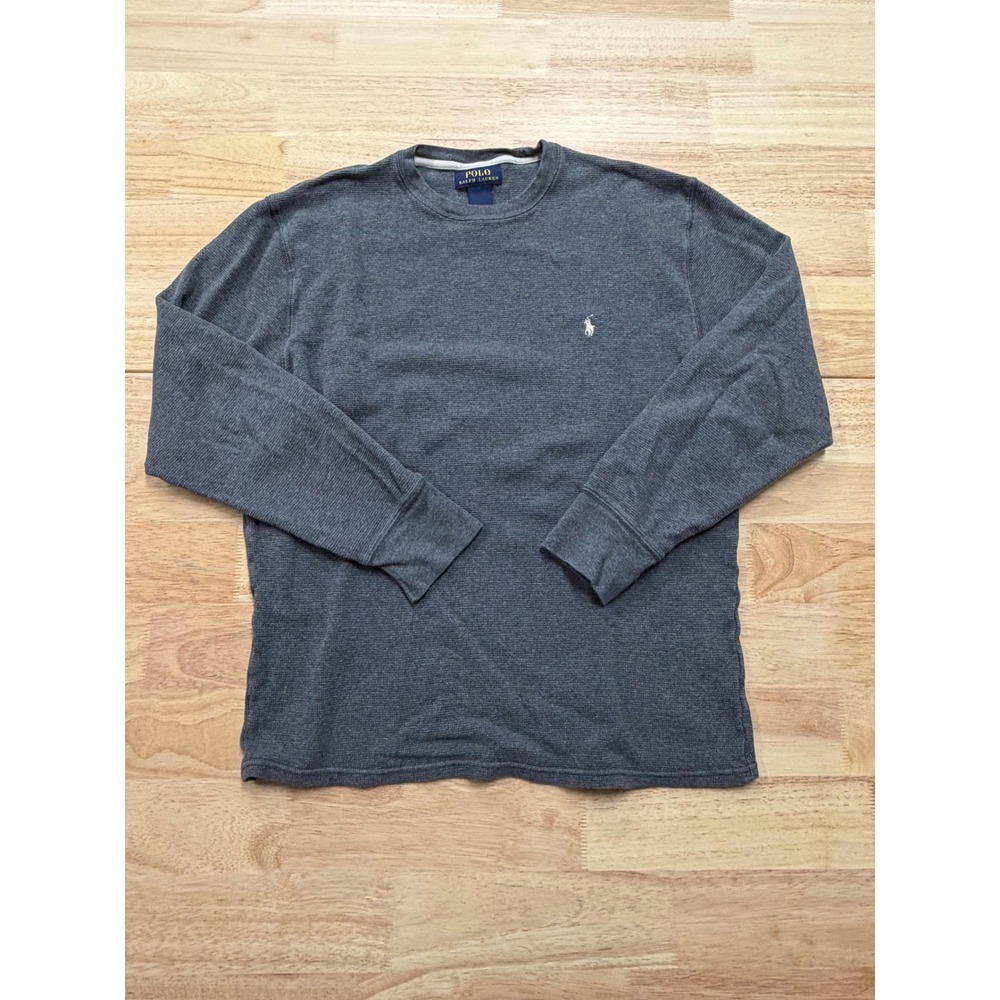 Polo Ralph Lauren Men's Workwear Charcoal Grey Waffle Knit Long Sleeve Shirt L